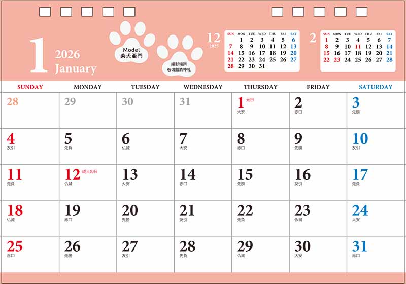 柴犬亜門さんカレンダー2026　1月暦