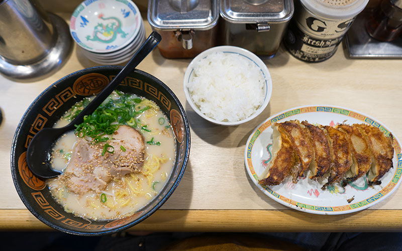 The ramen, the rice, and gyoza