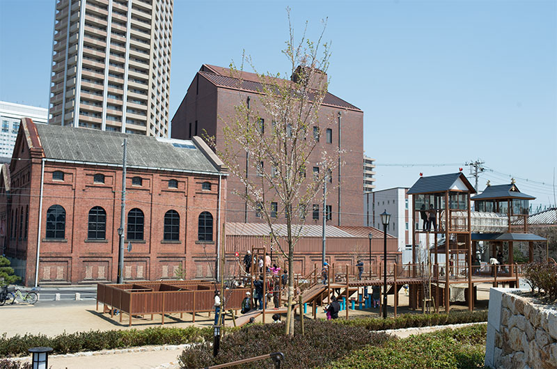 Amagasaki old block warehouse and big play equipment at playground